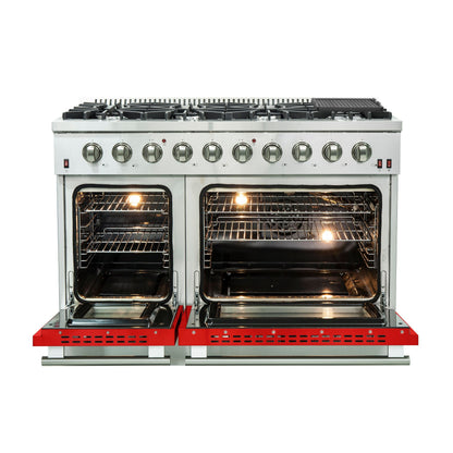 Forno Galiano 48-Inch Gas Range, 8 Sealed Brass Burners, 6.58 cu. ft. Double Oven, Red Stainless Steel, Model FFSGS6244-48RED