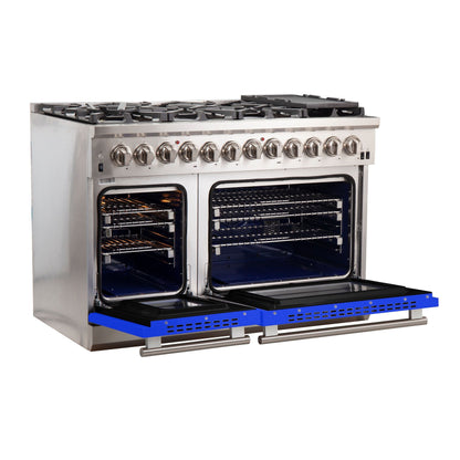 FORNO Capriasca 48-Inch Dual Fuel Range, 6.58 cu. ft., 8 Sealed Italian Brass Burners, Blue, Model FFSGS6187-48BLU