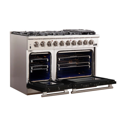 FORNO Capriasca 48-Inch Gas Range, 6.58 cu. ft., 8 Sealed Italian Brass Burners, Black, Model FFSGS6260-48BLK