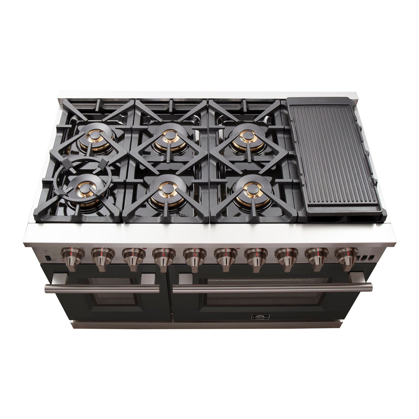 FORNO Capriasca 48-Inch Gas Range, 6.58 cu. ft., 8 Sealed Italian Brass Burners, Black, Model FFSGS6260-48BLK