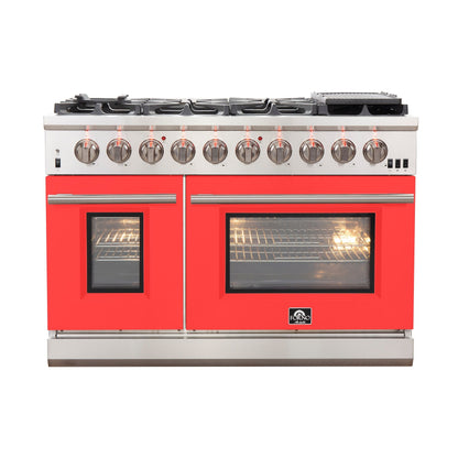 Forno Capriasca 48-Inch Gas Range, 6.58 cu. ft., 8 Sealed Burners, Red (Model FFSGS6260-48RED)