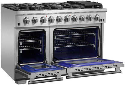 FORNO Package - 48" Dual Fuel Range, Wall Mount Range Hood, Refrigerator, Microwave, Dishwasher