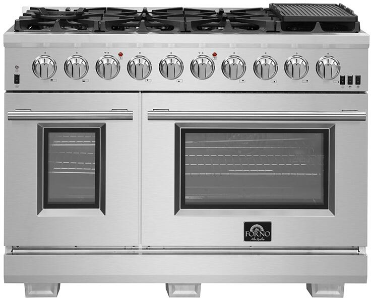 FORNO Appliance Package - 48 Inch Gas Burner/Electric Oven Pro Range, Wall Mount Range Hood, Microwave Drawer, AP-FFSGS6187-48-3