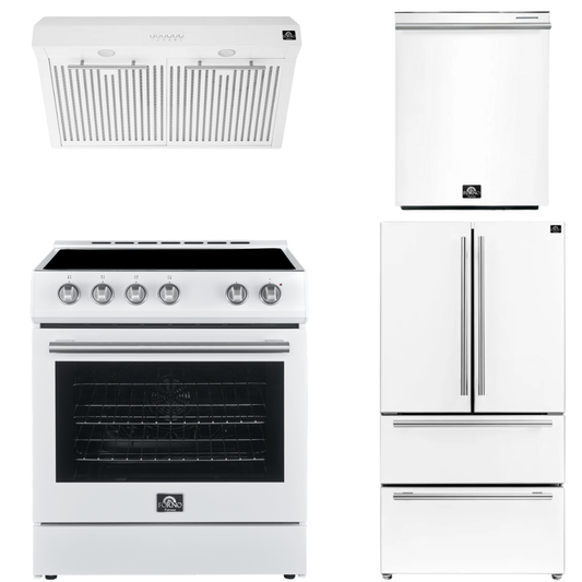 FORNO Espresso Package - 30" Electric Range, Range Hood, Refrigerator and Dishwasher in White with Stainless Steel Handles
