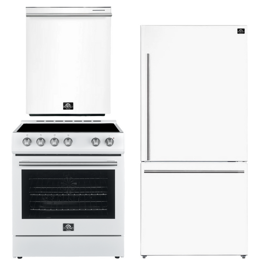 FORNO Espresso Package - 30" Electric Range, Refrigerator and Dishwasher in White with Stainless Steel Handles