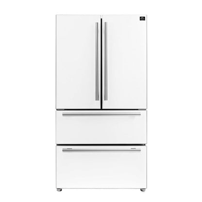 FORNO Espresso Package - 30" Electric Range, Range Hood and Refrigerator in White with Stainless Steel Handles