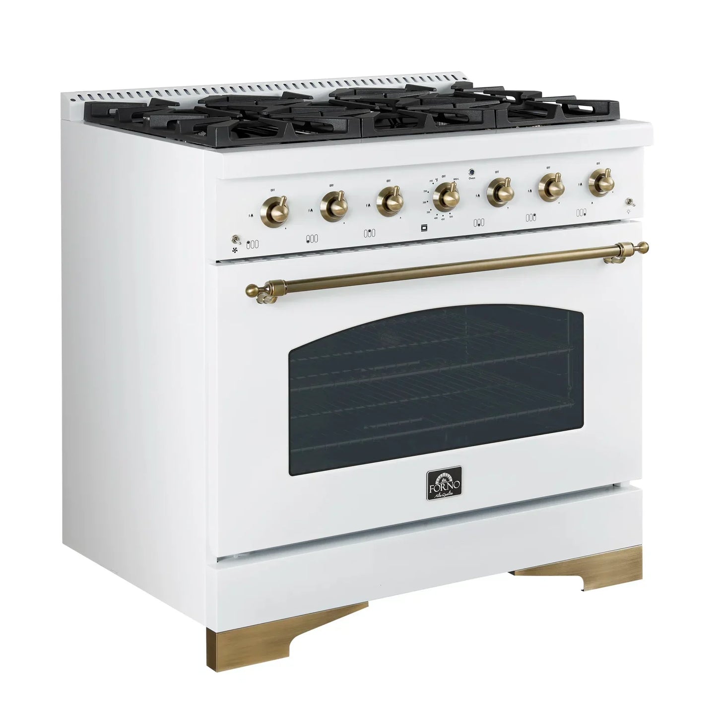 Forno Antico 36-Inch Dual Fuel Range, 4.5 cu. ft. Oven, 6 Sealed Burners, White with Antique Brass Accents (Model FFSGS6113-36WHT)