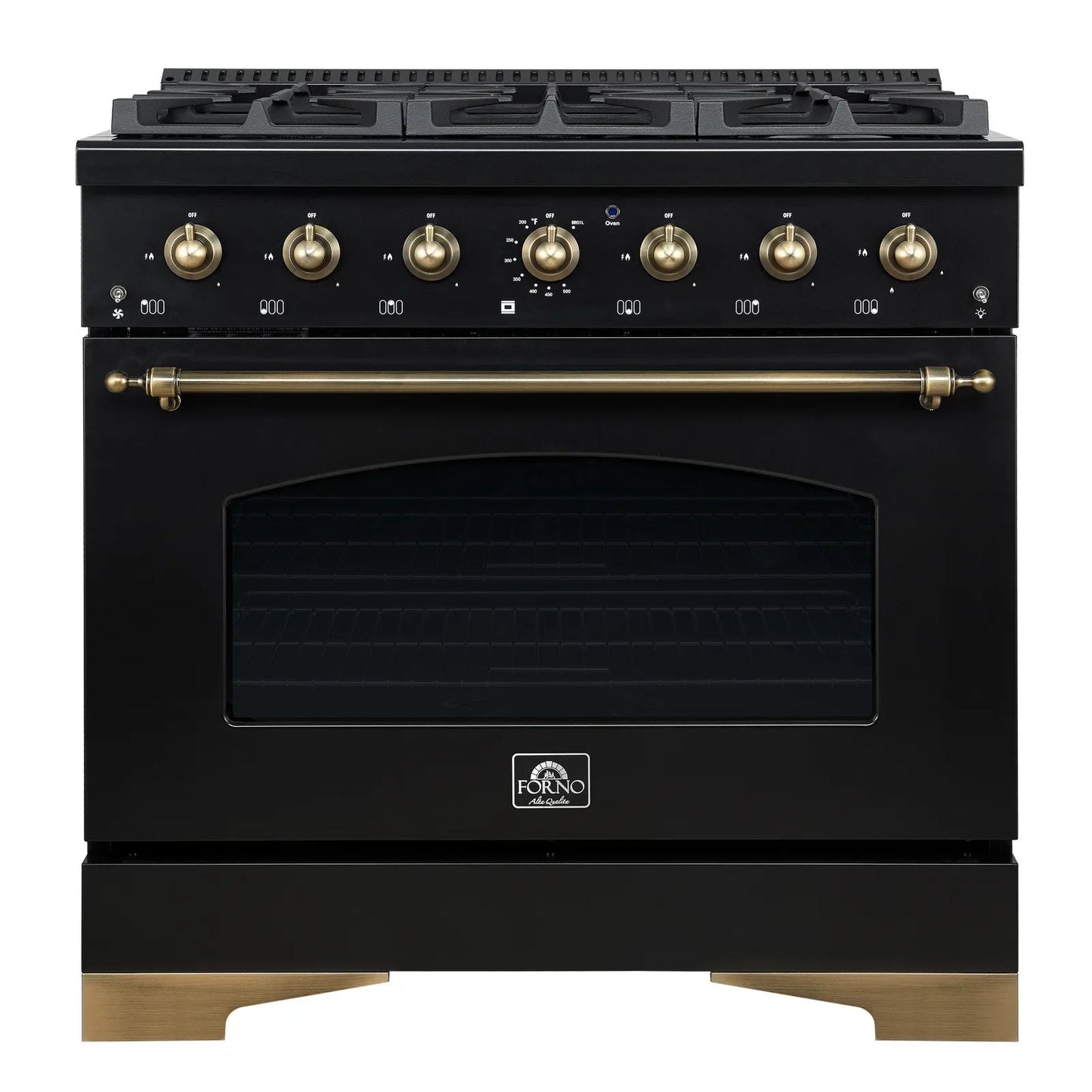FORNO Antico 36 in. Gas Range, 4.5 cu. ft., 6 Sealed Burners, Black with Antique Brass Accents (Model FFSGS6219-36BLK)