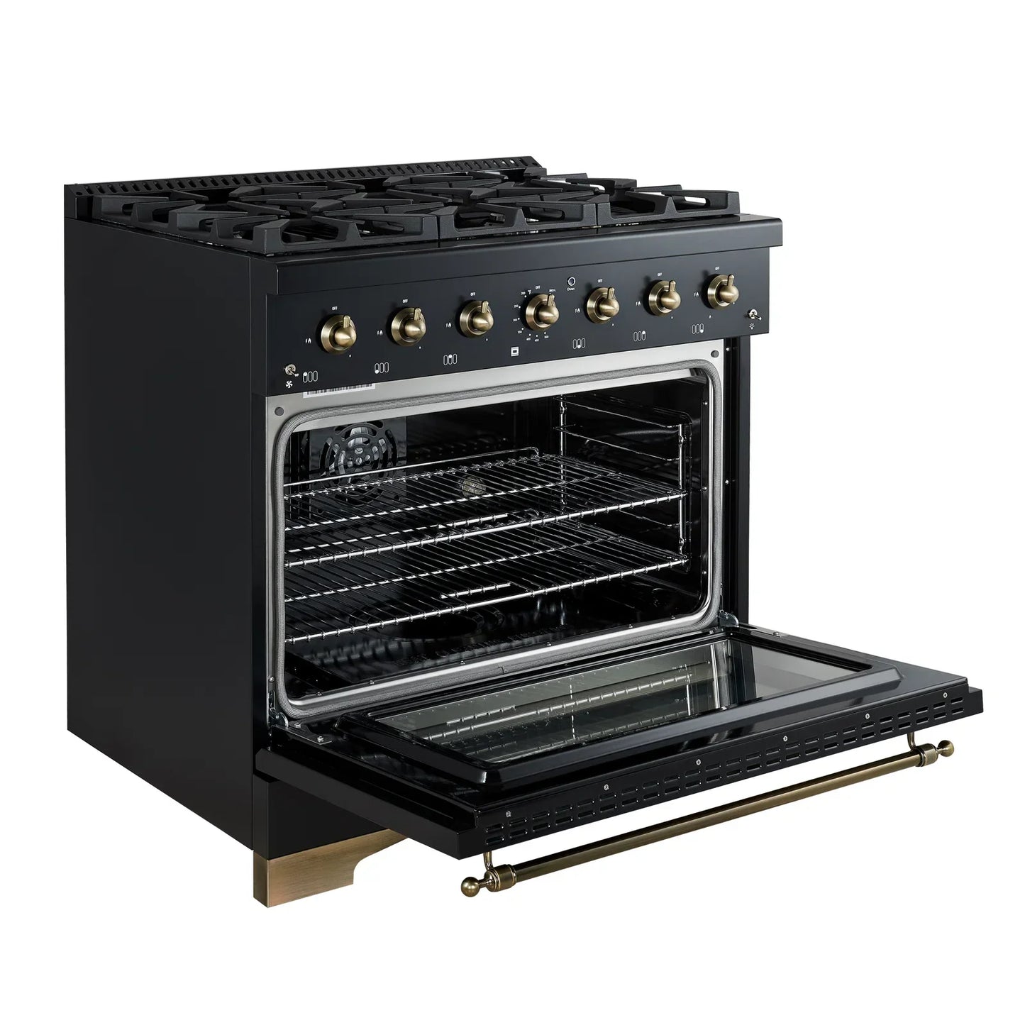 FORNO Antico 36 in. Gas Range, 4.5 cu. ft., 6 Sealed Burners, Black with Antique Brass Accents (Model FFSGS6219-36BLK)
