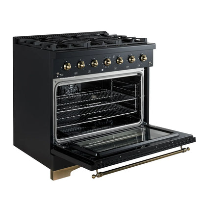 Forno Antico 36-Inch Dual Fuel Range, 4.5 cu. ft., 6 Sealed Burners, Black with Antique Brass Accents (Model FFSGS6113-36BLK)