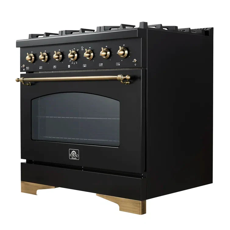 FORNO Antico 36 in. Gas Range, 4.5 cu. ft., 6 Sealed Burners, Black with Antique Brass Accents (Model FFSGS6219-36BLK)
