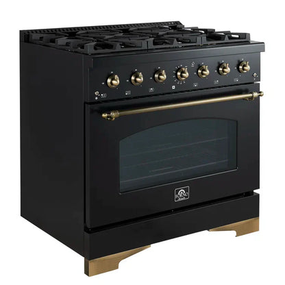 Forno Antico 36-Inch Dual Fuel Range, 4.5 cu. ft., 6 Sealed Burners, Black with Antique Brass Accents (Model FFSGS6113-36BLK)
