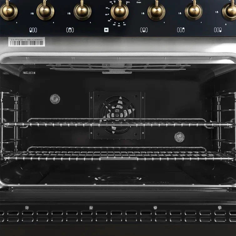 FORNO Antico 36 in. Gas Range, 4.5 cu. ft., 6 Sealed Burners, Black with Antique Brass Accents (Model FFSGS6219-36BLK)