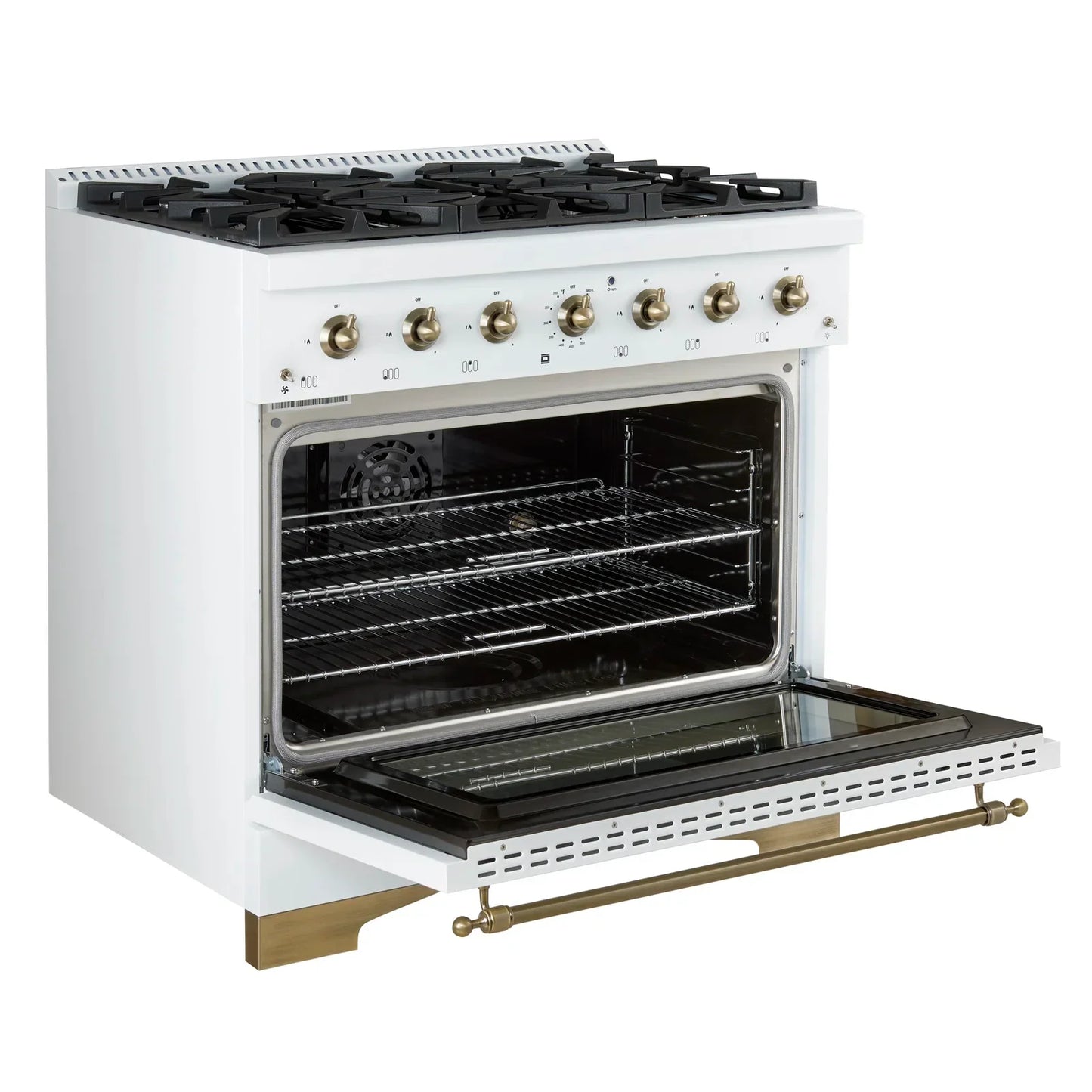 Forno Antico 36 in. Gas Range, 4.5 cu. ft. Oven, 6 Sealed Burners, White with Antique Brass Accents (Model FFSGS6219-36WHT)