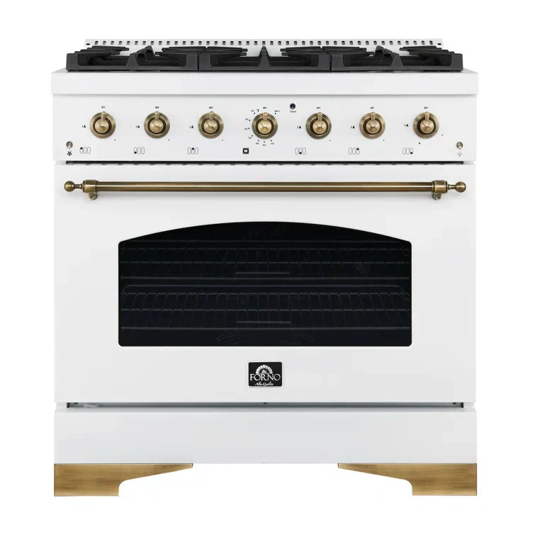 Forno Antico 36 in. Gas Range, 4.5 cu. ft. Oven, 6 Sealed Burners, White with Antique Brass Accents (Model FFSGS6219-36WHT)