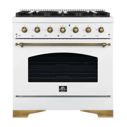Forno Antico 36 in. Gas Range, 4.5 cu. ft. Oven, 6 Sealed Burners, White with Antique Brass Accents (Model FFSGS6219-36WHT)