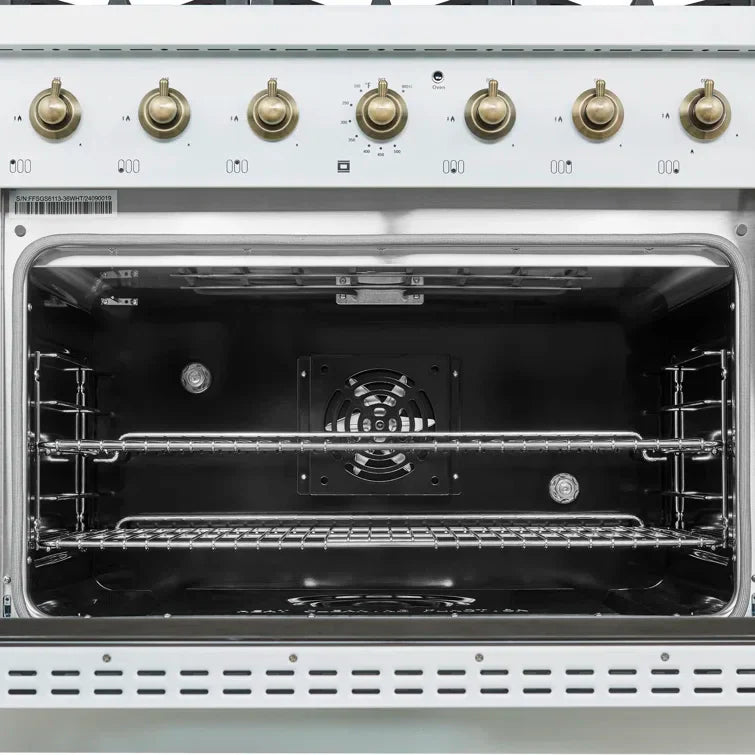 Forno Antico 36-Inch Dual Fuel Range, 4.5 cu. ft. Oven, 6 Sealed Burners, White with Antique Brass Accents (Model FFSGS6113-36WHT)