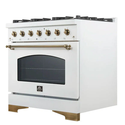 Forno Antico 36 in. Gas Range, 4.5 cu. ft. Oven, 6 Sealed Burners, White with Antique Brass Accents (Model FFSGS6219-36WHT)