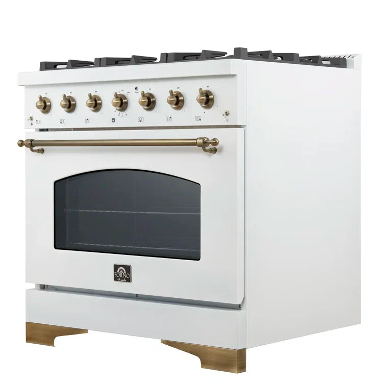Forno Antico 36-Inch Dual Fuel Range, 4.5 cu. ft. Oven, 6 Sealed Burners, White with Antique Brass Accents (Model FFSGS6113-36WHT)