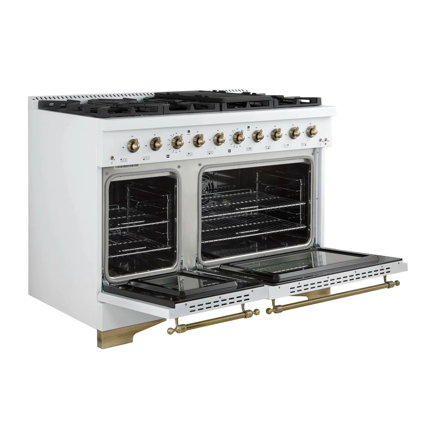 FORNO Antico 48-Inch Freestanding Gas Range, 8 Sealed Burners, Griddle, 5.5 cu. ft. Oven, White with Antique Brass Accents (FFSGS6219-48WHT)