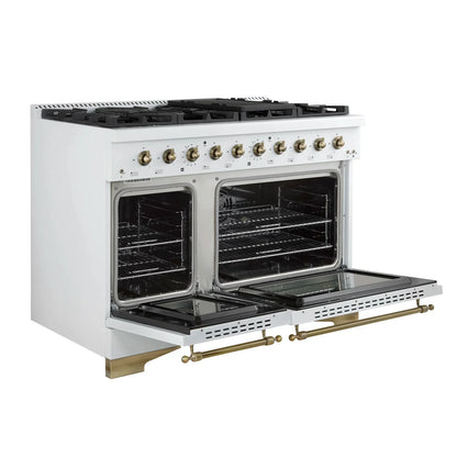 FORNO Antico 48-Inch Freestanding Gas Range, 8 Sealed Burners, Griddle, 5.5 cu. ft. Oven, White with Antique Brass Accents (FFSGS6219-48WHT)