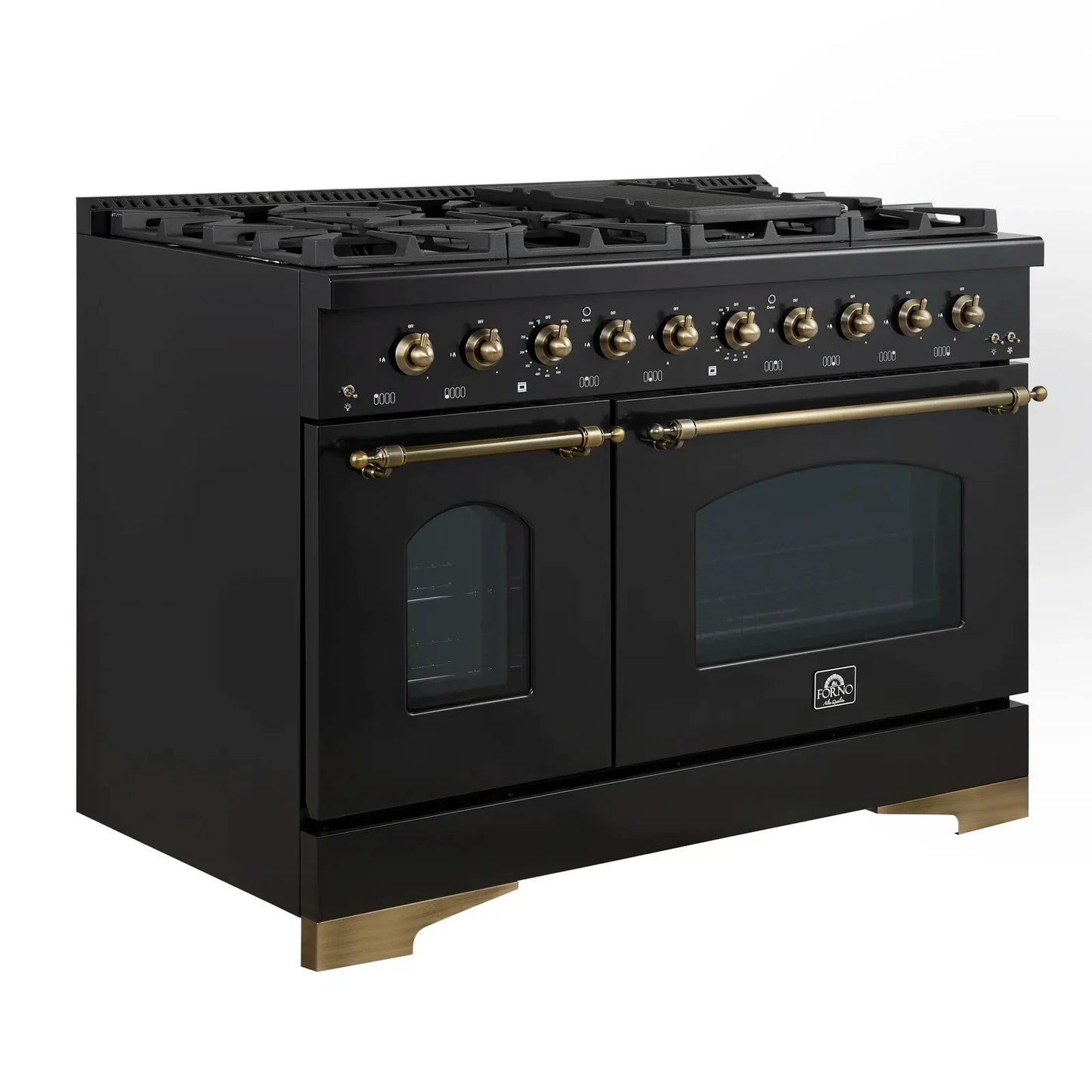FORNO Antico 48-Inch Dual Fuel Range, 5.5 cu. ft. Oven, 8 Sealed Burners with Griddle, Black with Antique Brass Accents (FFSGS6113-48BLK)