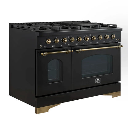 FORNO Antico 48-Inch Dual Fuel Range, 5.5 cu. ft. Oven, 8 Sealed Burners with Griddle, Black with Antique Brass Accents (FFSGS6113-48BLK)