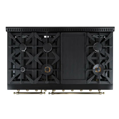 FORNO Antico 48-Inch Dual Fuel Range, 5.5 cu. ft. Oven, 8 Sealed Burners with Griddle, Black with Antique Brass Accents (FFSGS6113-48BLK)
