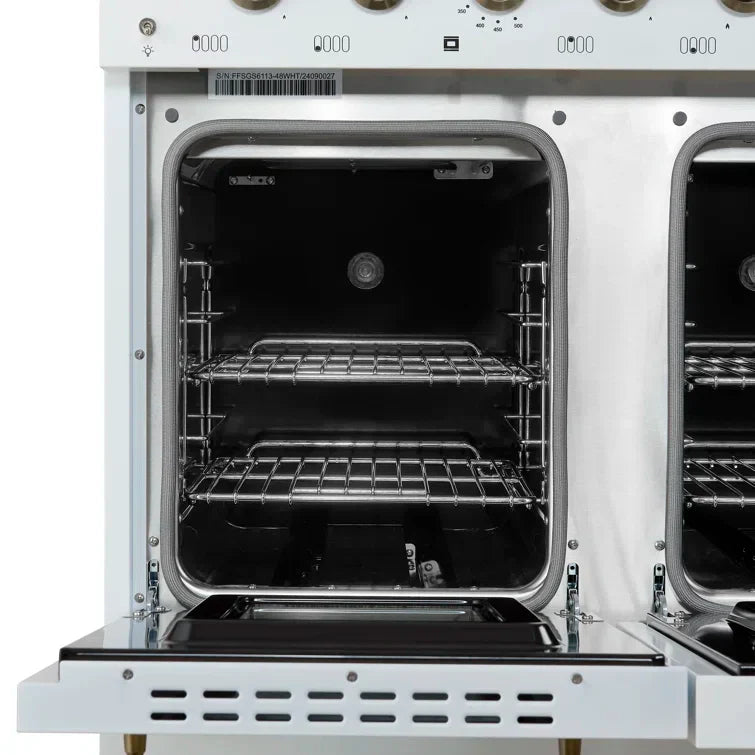 FORNO Antico 48-Inch Freestanding Gas Range, 8 Sealed Burners, Griddle, 5.5 cu. ft. Oven, White with Antique Brass Accents (FFSGS6219-48WHT)