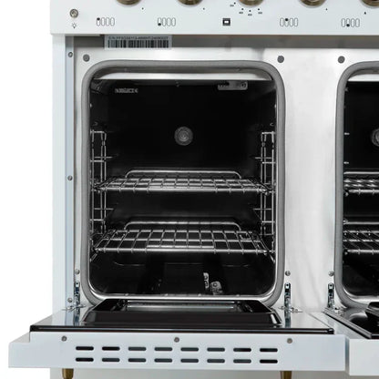FORNO Antico 48-Inch Freestanding Gas Range, 8 Sealed Burners, Griddle, 5.5 cu. ft. Oven, White with Antique Brass Accents (FFSGS6219-48WHT)