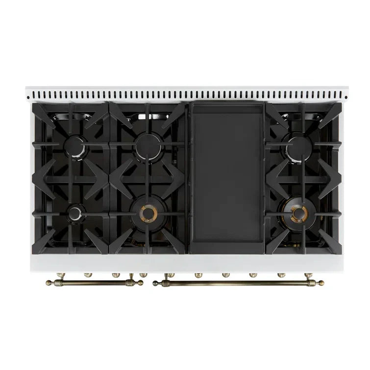Forno Antico 48-Inch Dual Fuel Range, 5.5 cu. ft. Oven, 8 Sealed Burners, Griddle, White with Antique Brass Accents (FFSGS6113-48WHT)