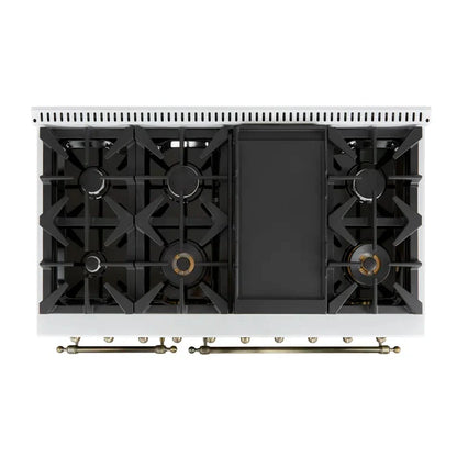 Forno Antico 48-Inch Dual Fuel Range, 5.5 cu. ft. Oven, 8 Sealed Burners, Griddle, White with Antique Brass Accents (FFSGS6113-48WHT)
