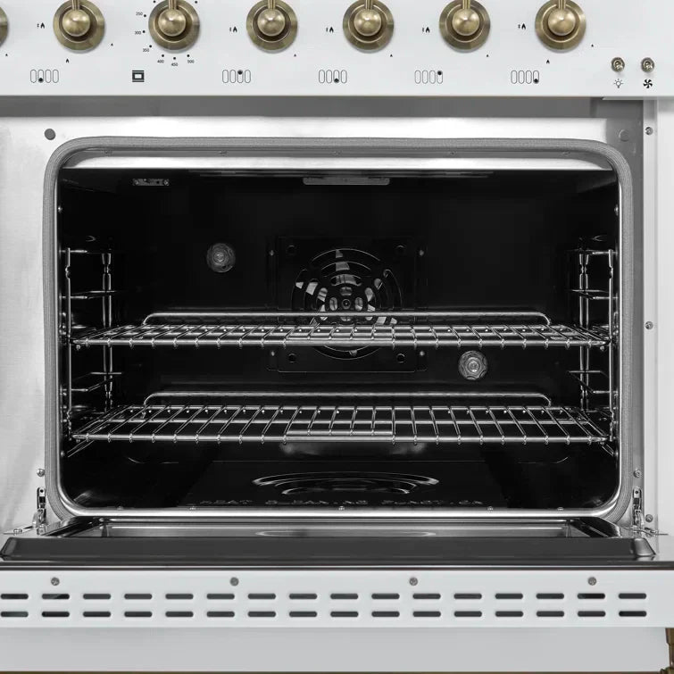 FORNO Antico 48-Inch Freestanding Gas Range, 8 Sealed Burners, Griddle, 5.5 cu. ft. Oven, White with Antique Brass Accents (FFSGS6219-48WHT)