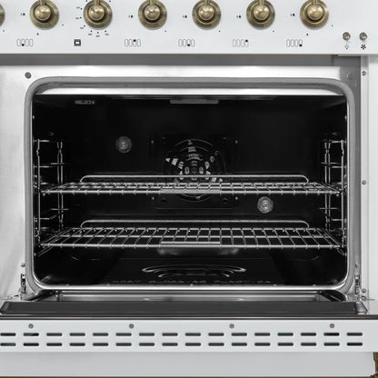 FORNO Antico 48-Inch Freestanding Gas Range, 8 Sealed Burners, Griddle, 5.5 cu. ft. Oven, White with Antique Brass Accents (FFSGS6219-48WHT)