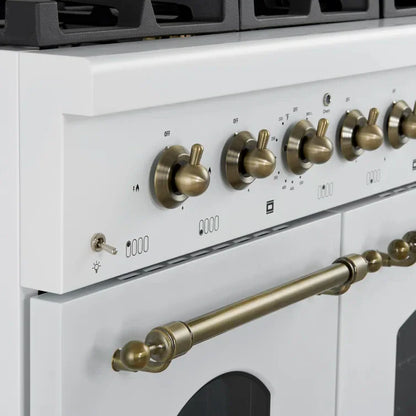 FORNO Antico 48-Inch Freestanding Gas Range, 8 Sealed Burners, Griddle, 5.5 cu. ft. Oven, White with Antique Brass Accents (FFSGS6219-48WHT)