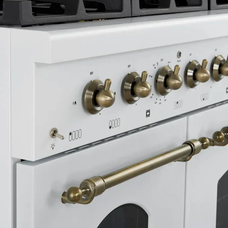 Forno Antico 48-Inch Dual Fuel Range, 5.5 cu. ft. Oven, 8 Sealed Burners, Griddle, White with Antique Brass Accents (FFSGS6113-48WHT)