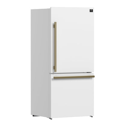 FORNO Espresso Milano 62 in. 34.4 cu. ft. Side-by-Side Refrigerator with Ice Maker, White with Antique Brass Accents (Model FFFFD1787-60WHT)