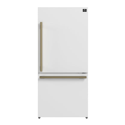 FORNO Espresso Milano 62 in. 34.4 cu. ft. Side-by-Side Refrigerator with Ice Maker, White with Antique Brass Accents (Model FFFFD1787-60WHT)