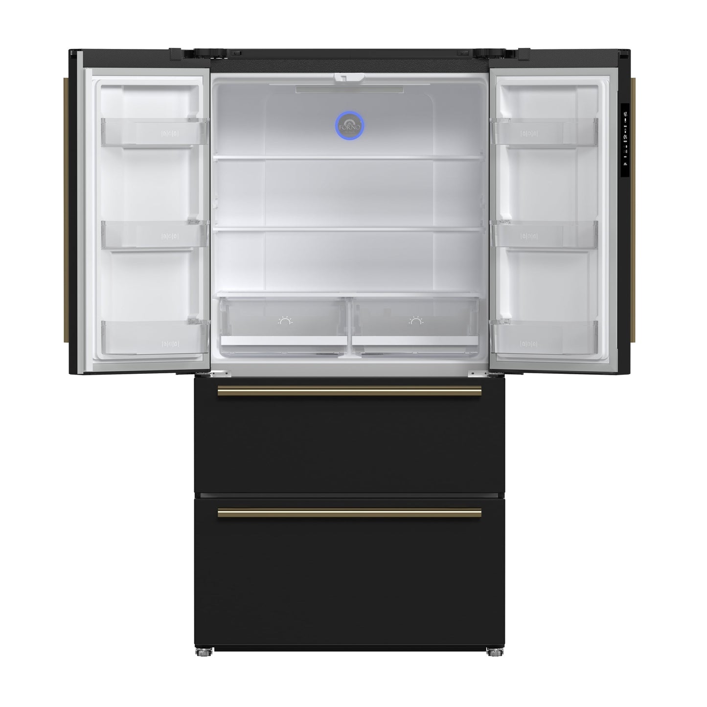 FORNO Moena 36-Inch Counter-Depth Refrigerator, 19.2 cu. ft., with Ice Maker, Black with Antique Brass Handles (FFRBI1820-36BLK)