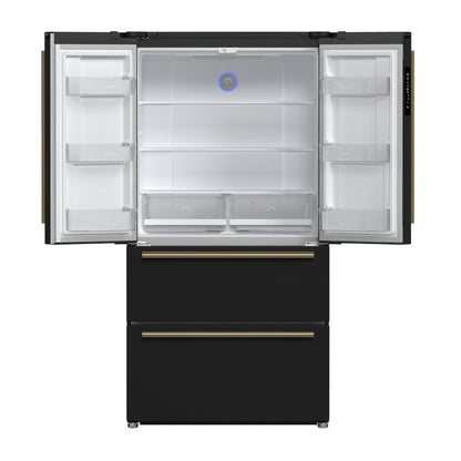 FORNO Moena 36-Inch Counter-Depth Refrigerator, 19.2 cu. ft., with Ice Maker, Black with Antique Brass Handles (FFRBI1820-36BLK)