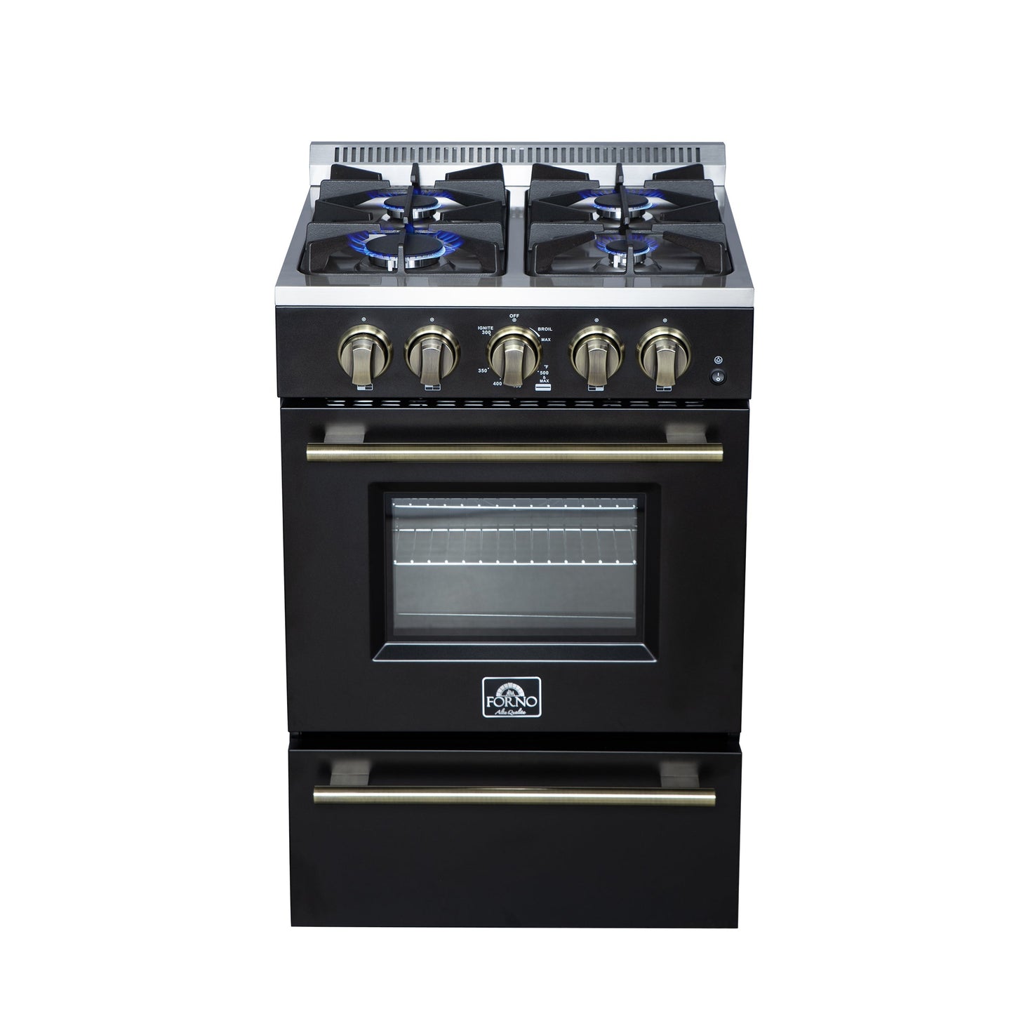 Forno Breno 24-Inch Freestanding Gas Range, 2.3 Cu. Ft. Oven, 4 Sealed Burners, Storage Drawer, Air Fryer Kit, Black with Antique Brass Accents (FFSGS6272-24BLK)
