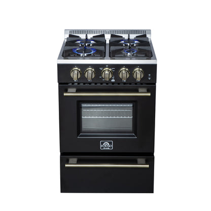 Forno Breno 24-Inch Freestanding Gas Range, 2.3 Cu. Ft. Oven, 4 Sealed Burners, Storage Drawer, Air Fryer Kit, Black with Antique Brass Accents (FFSGS6272-24BLK)