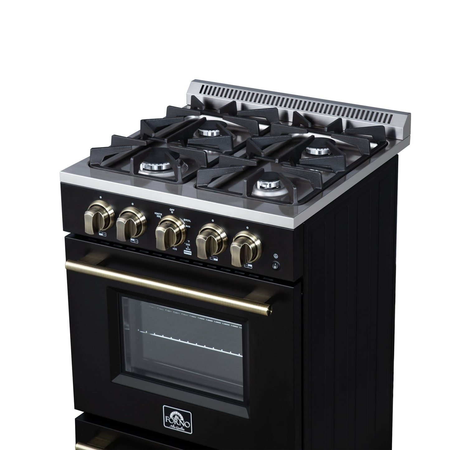 Forno Breno 24-Inch Freestanding Gas Range, 2.3 Cu. Ft. Oven, 4 Sealed Burners, Storage Drawer, Air Fryer Kit, Black with Antique Brass Accents (FFSGS6272-24BLK)