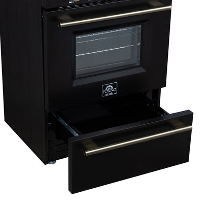 Forno Breno 24-Inch Freestanding Gas Range, 2.3 Cu. Ft. Oven, 4 Sealed Burners, Storage Drawer, Air Fryer Kit, Black with Antique Brass Accents (FFSGS6272-24BLK)
