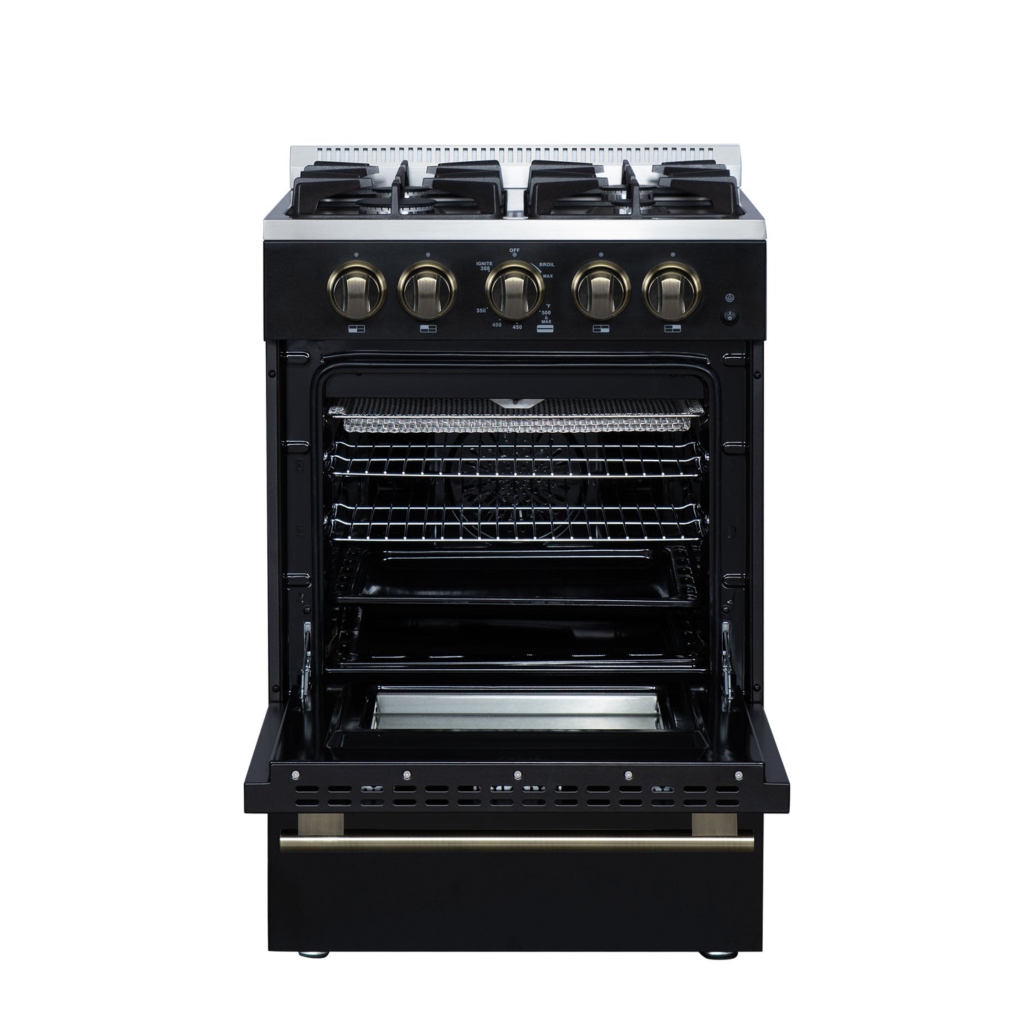 Forno Breno 24-Inch Freestanding Gas Range, 2.3 Cu. Ft. Oven, 4 Sealed Burners, Storage Drawer, Air Fryer Kit, Black with Antique Brass Accents (FFSGS6272-24BLK)