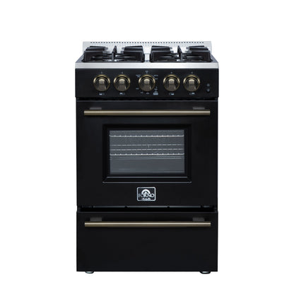 Forno Breno 24-Inch Freestanding Gas Range, 2.3 Cu. Ft. Oven, 4 Sealed Burners, Storage Drawer, Air Fryer Kit, Black with Antique Brass Accents (FFSGS6272-24BLK)
