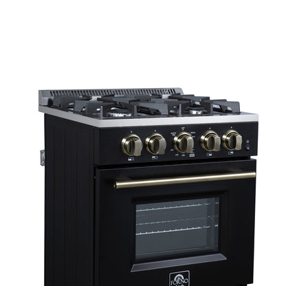 Forno Breno 24-Inch Freestanding Gas Range, 2.3 Cu. Ft. Oven, 4 Sealed Burners, Storage Drawer, Air Fryer Kit, Black with Antique Brass Accents (FFSGS6272-24BLK)