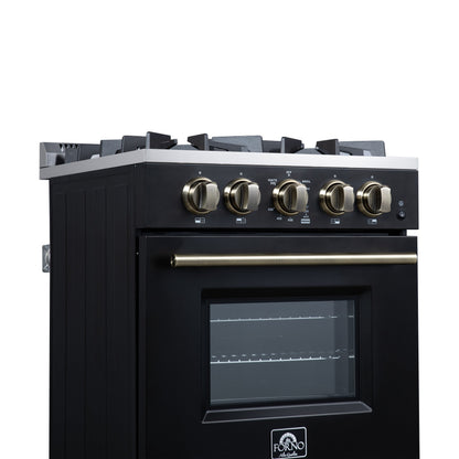 Forno Breno 24-Inch Freestanding Gas Range, 2.3 Cu. Ft. Oven, 4 Sealed Burners, Storage Drawer, Air Fryer Kit, Black with Antique Brass Accents (FFSGS6272-24BLK)