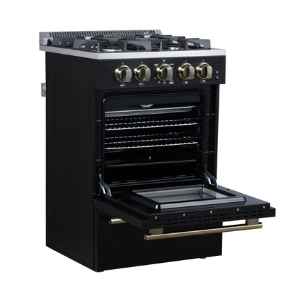 Forno Breno 24-Inch Freestanding Gas Range, 2.3 Cu. Ft. Oven, 4 Sealed Burners, Storage Drawer, Air Fryer Kit, Black with Antique Brass Accents (FFSGS6272-24BLK)