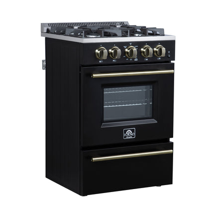 Forno Breno 24-Inch Freestanding Gas Range, 2.3 Cu. Ft. Oven, 4 Sealed Burners, Storage Drawer, Air Fryer Kit, Black with Antique Brass Accents (FFSGS6272-24BLK)